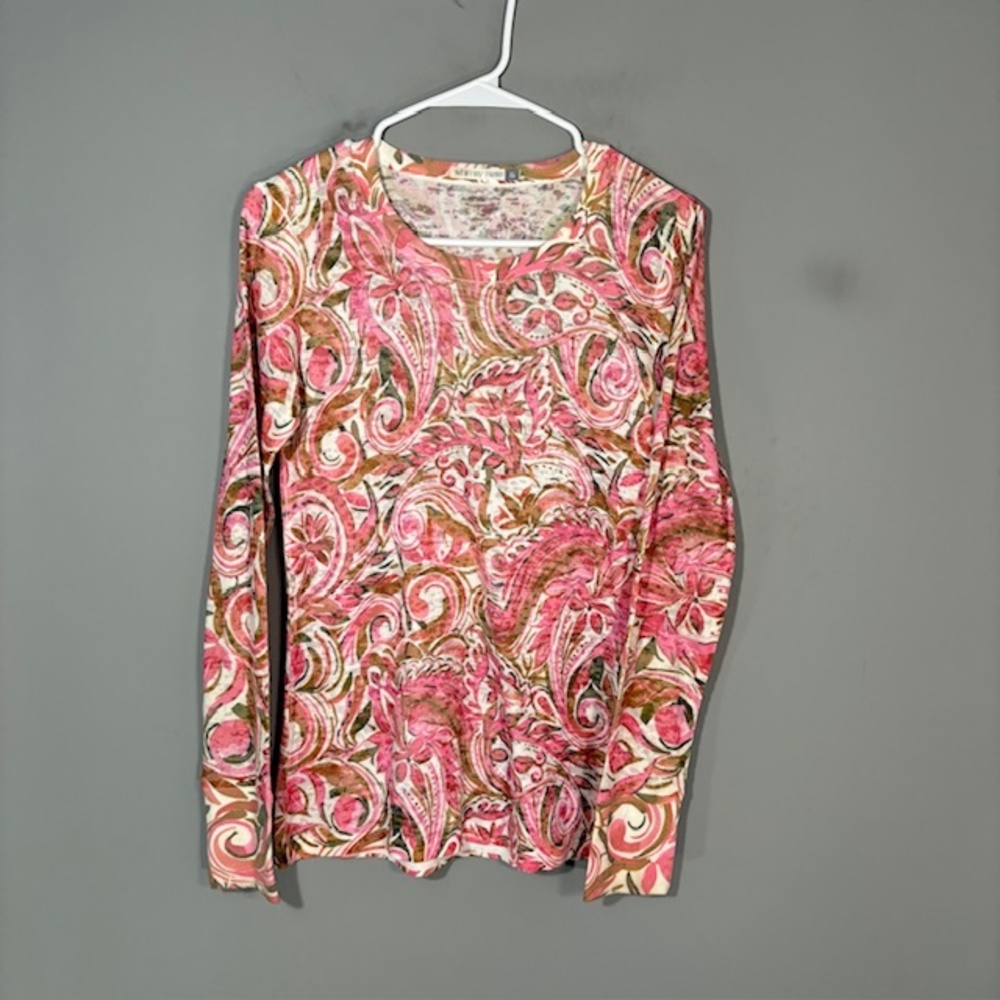 Whimsy Rose T-Shirt Womens Small Pink Paisley Waffle Knit Crew Long Sleeve Top